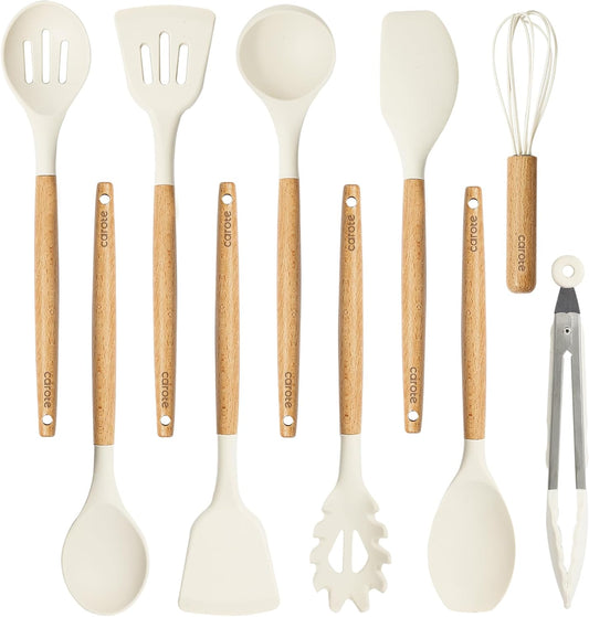 set of 8 kitchen utensils with wooden handles